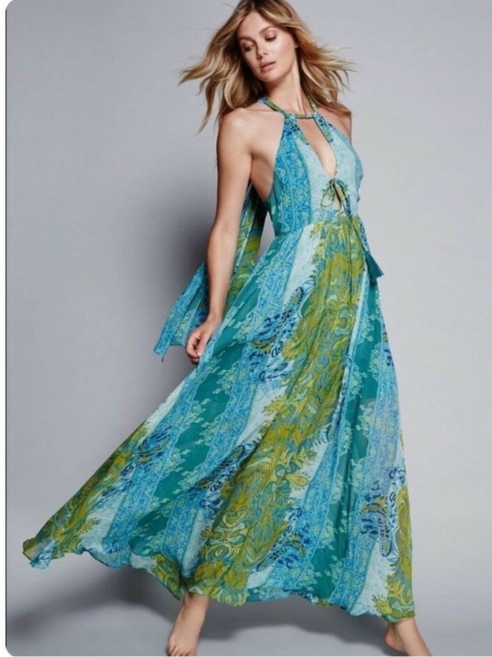 Free People Spring Scenery Maxi Dress Size 12 Halter Neck Floral Blue Green